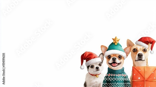 Three festive dogs in holiday attire, wearing Santa hats and a Christmas sweater, with a cheerful expression, ready for the celebrations.