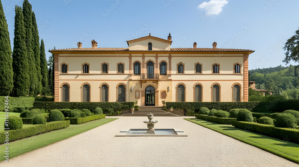 Fototapeta premium Exterior architectural photography of a grand Italian renaissance villa, full front view of the entire structure, symmetrical facade with arched windows, mediterranean garden setting, professional rea