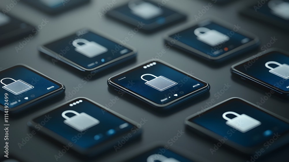 Close-Up View of an Online Shopping Application Interface Displaying Lock Icons on Multiple Mobile Devices Against a Dark Background Close-Up View of an Online Shopping Application Interface Displaying Lock Icons on Multiple Mobile Devices Against a Dark Background