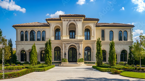 Exterior architectural photography of a grand Italian renaissance villa, full front view of the entire structure, symmetrical facade with arched windows, mediterranean garden setting, professional rea