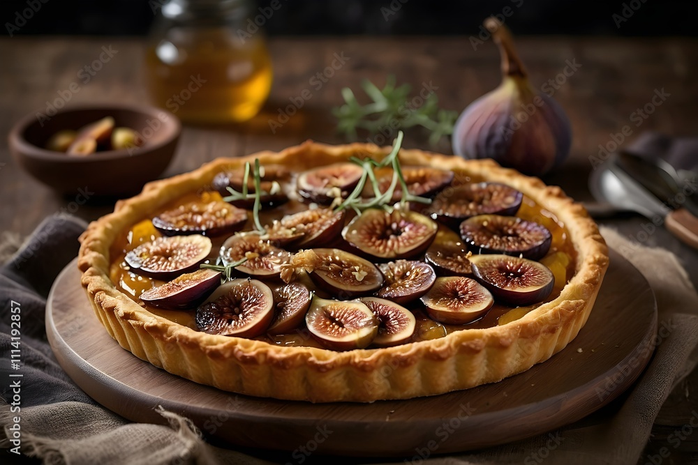 A rustic savory tart with a golden, flaky crust filled with roasted figs, goat cheese, and caramelized onions. Drizzled with honey and garnished with thyme, perfect for a cozy, gourmet vibe. A rustic savory tart with a golden, flaky crust filled with roasted figs, goat cheese, and caramelized onions. Drizzled with honey and garnished with thyme, perfect for a cozy, gourmet vibe.