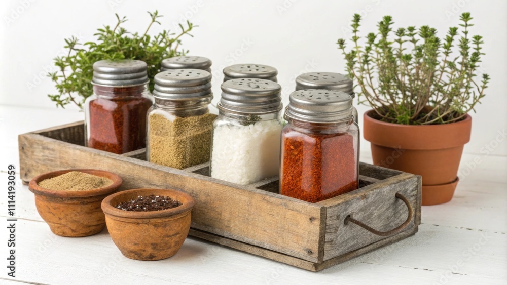 Various spices and herbs are neatly arranged in a rustic wooden box, showcasing a vibrant array of colors and textures, alongside a small terracotta pot containing a fresh herb plant Various spices and herbs are neatly arranged in a rustic wooden box, showcasing a vibrant array of colors and textures, alongside a small terracotta pot containing a fresh herb plant