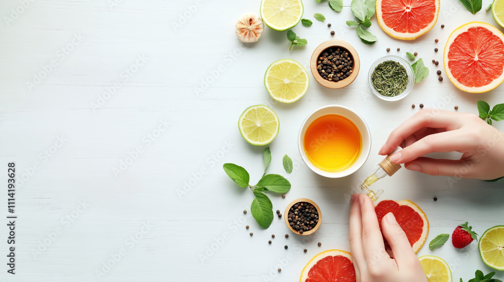 A person adds drops of essential oil to a cup surrounded by fresh fruits and herbs. A person adds drops of essential oil to a cup surrounded by fresh fruits and herbs.