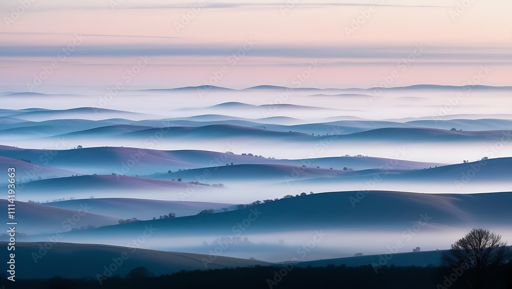 Obraz premium Panoramic view of misty rolling hills at dawn/dusk, featuring layered terrain in soft gradients of blue, purple, and pink under a pastel sky, evoking serenity.