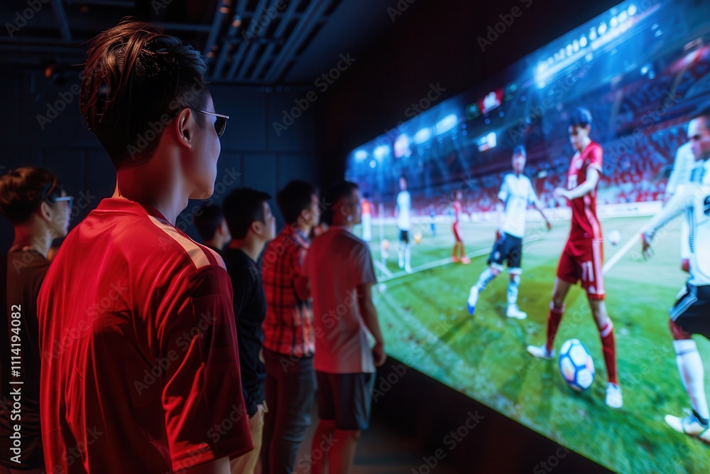 E-sports events stream live globally. Watching a soccer match on a large screen E-sports events stream live globally. Watching a soccer match on a large screen