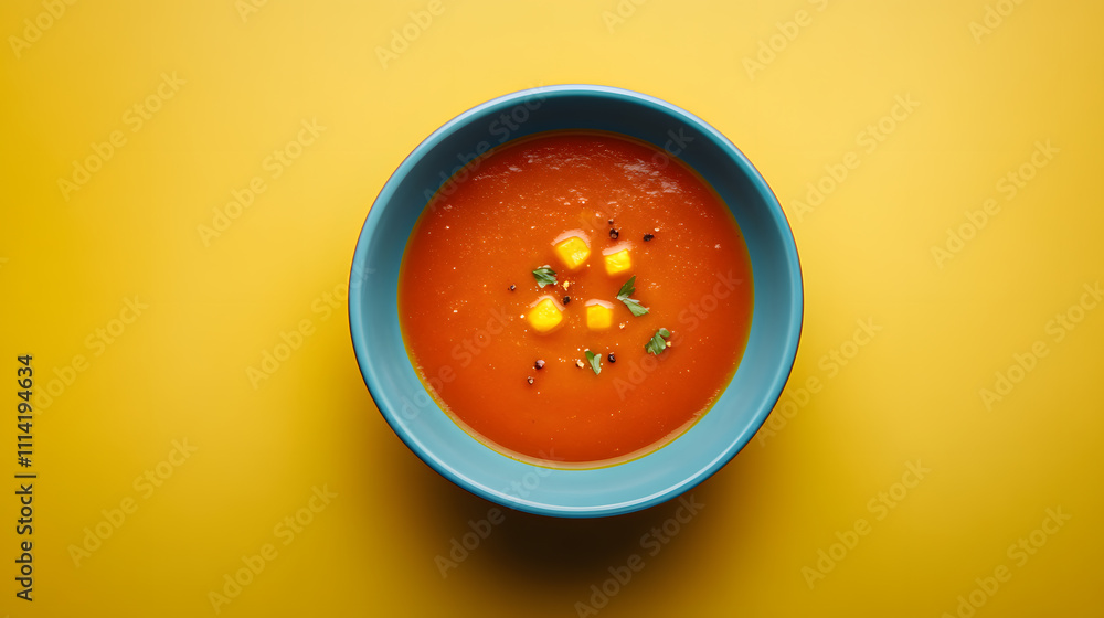 Homemade tomato soup from top view with delicious bowl presentation and vegetarian vegan freshness. copy space above red vegetable perfection. Homemade tomato soup from top view with delicious bowl presentation and vegetarian vegan freshness. copy space above red vegetable perfection.