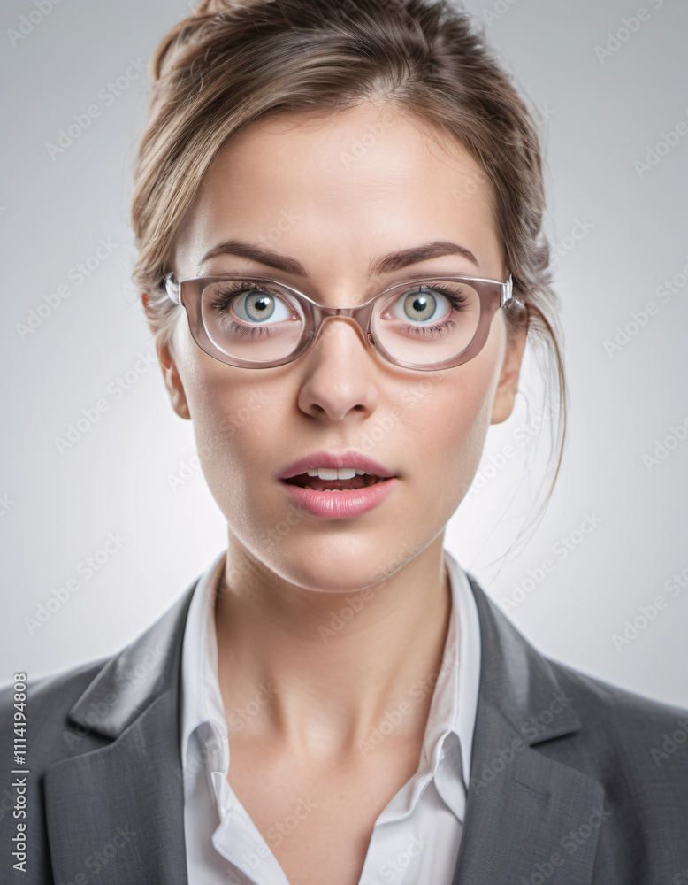 Professional Woman With Glasses Expressing Surprise in a Studio Setting Professional Woman With Glasses Expressing Surprise in a Studio Setting