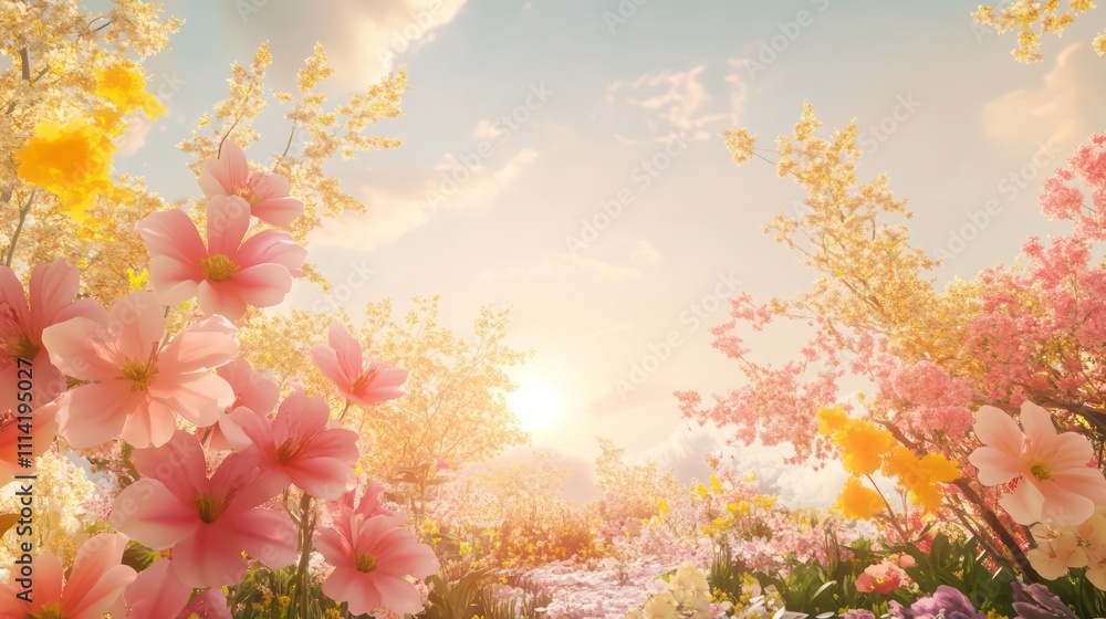 Vibrant pink, yellow, and orange flowers bloom in a sunlit field at sunrise. Vibrant pink, yellow, and orange flowers bloom in a sunlit field at sunrise.