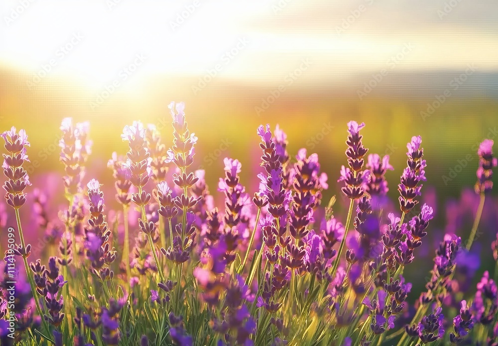 Naklejka premium Lavender Field at Sunset with Golden Light