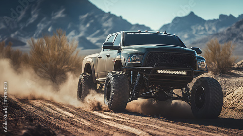 Massive lifted truck conquering off road terrain with vehicle power, extreme performance showing big suspension setup and monster wheels.