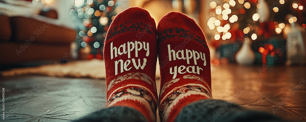 Obraz premium Closeup of funny socks of lying person with Happy New Year text, and christmas decoration in background. Shallow depth of field.