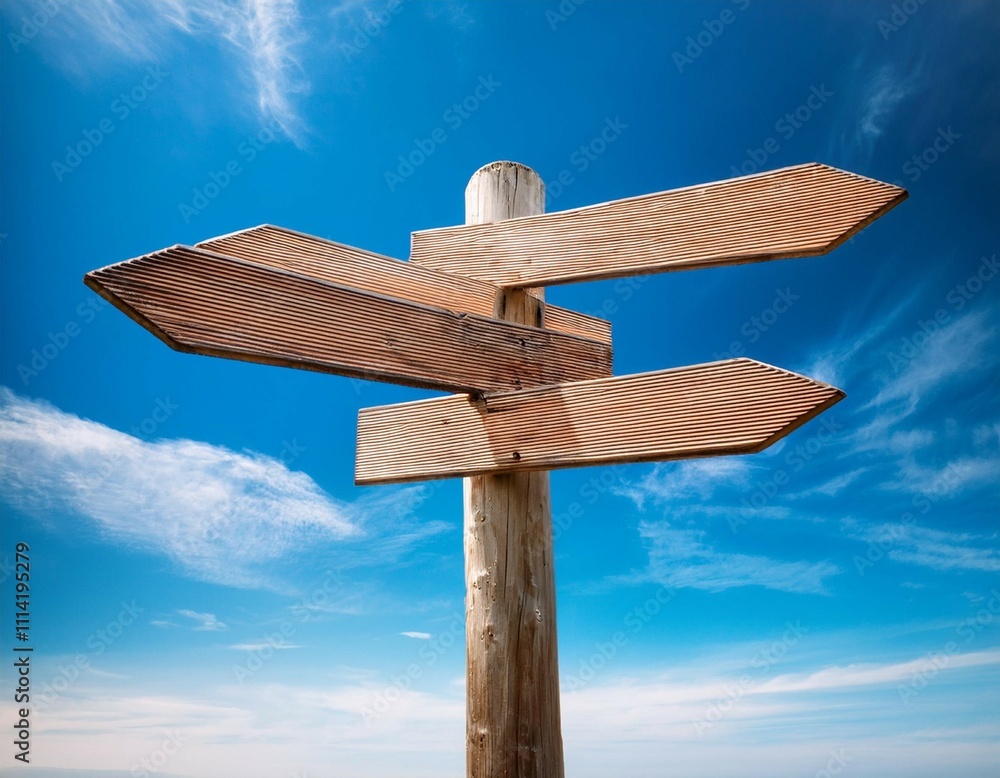 Fototapeta premium a wooden directional signpost with empty arrows against a bright blue sky and scattered clouds