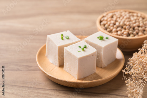 Fresh tofu with soy bean seeds, Vegan food ingredient in Asian cuisine, Plant based diet photo