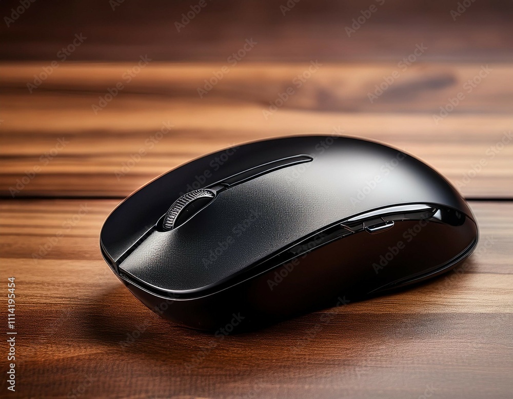 close up of a sleek black wireless mouse on a wooden desk close up of a sleek black wireless mouse on a wooden desk