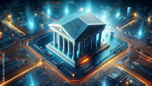 a digital representation of a bank on a circuit board symbolizing the integration of finance and technology in the modern banking landscape
