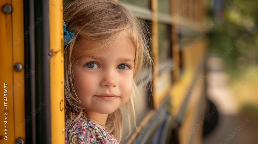 A blonde girl on a yellow school bus looks out the window with a blue bow in her hair, evoking nostalgia and summer break joy. Heartwarming scene capturing happy memories. A blonde girl on a yellow school bus looks out the window with a blue bow in her hair, evoking nostalgia and summer break joy. Heartwarming scene capturing happy memories.