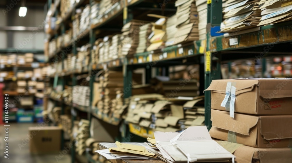 Obraz premium A well-organized storage room with labeled boxes, files, and shelves hinting at active use. Busy archive for documents and tools.