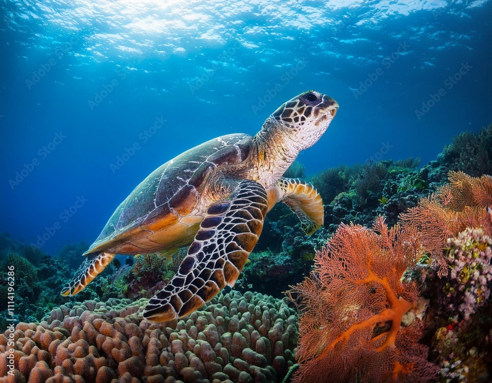 Obraz premium graceful sea turtle swimming in vibrant coral reef