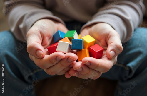 Wallpaper Mural Child playing with children toy cubic blocks in the playroom. AI Generative Torontodigital.ca