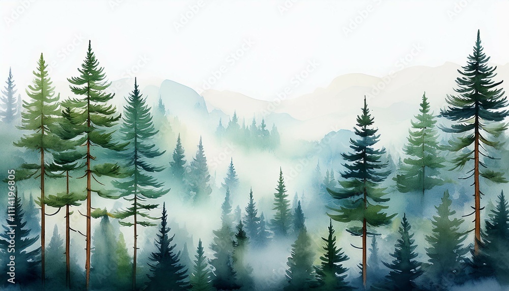 Fototapeta premium foggy pine forest watercolor painting vertical nature background printable artwork generative ai
