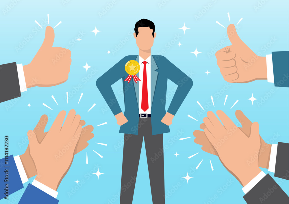Businessman on background of applause and social hero Businessman on background of applause and social hero