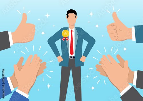 Businessman on background of applause and social hero