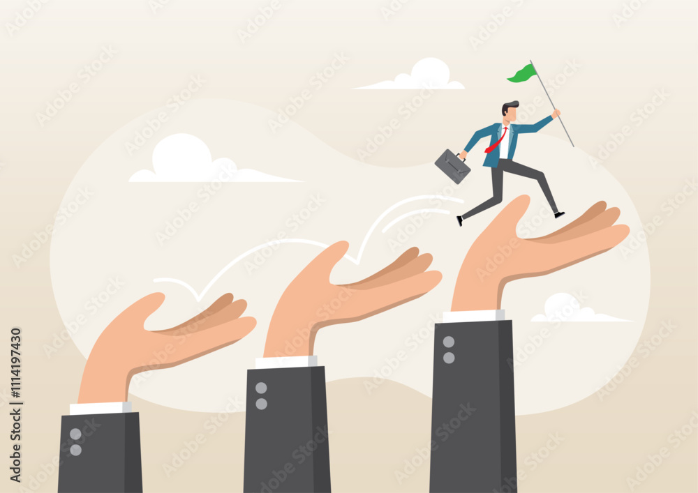 Fototapeta premium businessman jumping up giant hand growth ladder to progress target