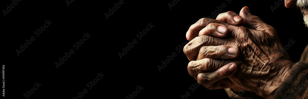 Fototapeta premium Close-up of the wrinkled hands with fingers crossed of an old man in prayer, classical gesture of a person praying God in the Christian religion on black background with copy space. Generative Ai.