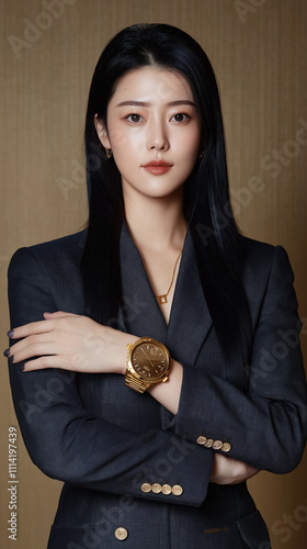 Professional portrait of confident woman in suit studio setting fashion insight