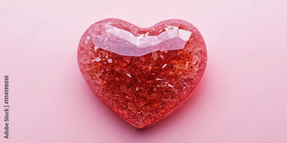 Fototapeta premium Red crystal heart shape on a pink background with soft studio lighting minimalistic design high detail smooth surface