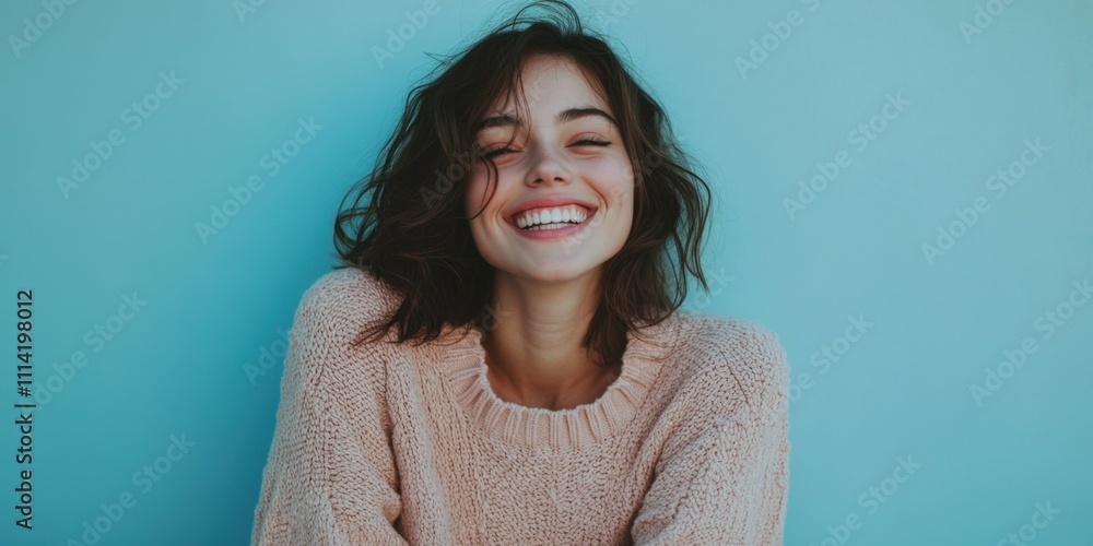 Fototapeta premium woman smiling in pastel-colored sweater blue background soft lighting cheerful and natural mood