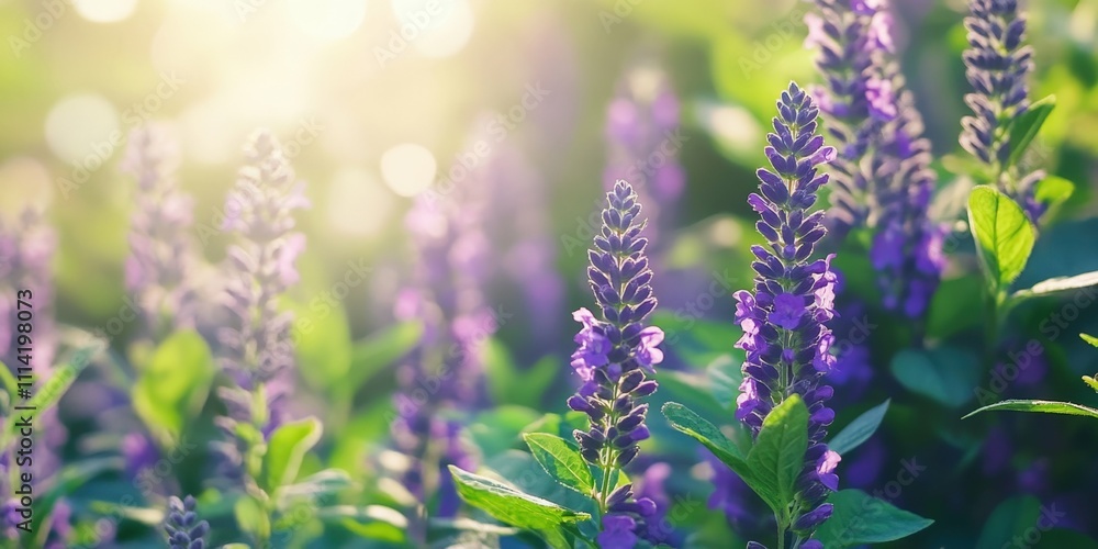 Blurred vibrant purple flowers with green leaves in background dreamy and colorful soft focus effect bright and lively outdoor setting Blurred vibrant purple flowers with green leaves in background dreamy and colorful soft focus effect bright and lively outdoor setting