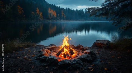 Burning campfire in the night. fire wood, Campfire beside a lake Photography photo