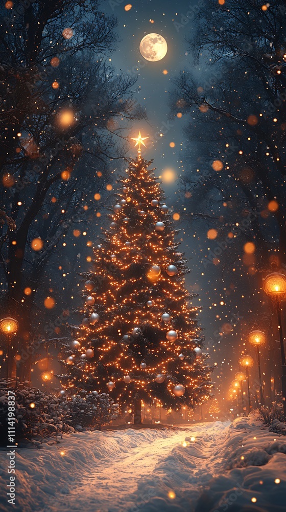 Naklejka premium Festive christmas tree brightening quiet snowy evening under starry sky picture