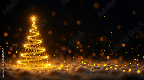 minimal outline of glowing christmas tree with star on top in black background, sparkling glimmer xmas copy space empty banner 