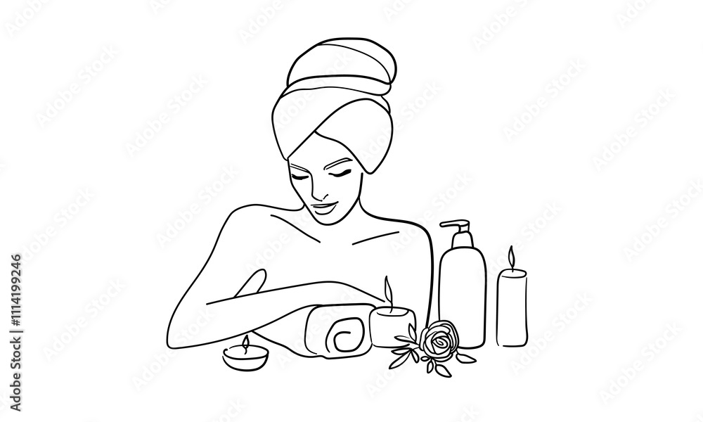 Girl in a towel continuous line art drawing isolated on white background. Spa salon. Self care and beauty. Vector illustration Girl in a towel continuous line art drawing isolated on white background. Spa salon. Self care and beauty. Vector illustration