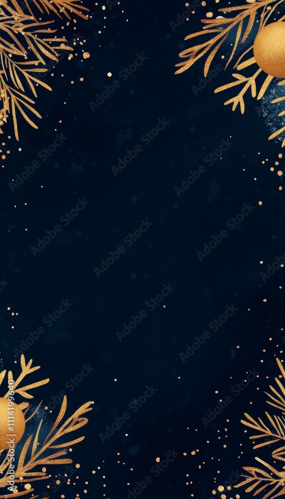 Elegant Christmas Frame with Golden Fir Branches and Ornaments on Blue Background with Sparkles Elegant Christmas Frame with Golden Fir Branches and Ornaments on Blue Background with Sparkles