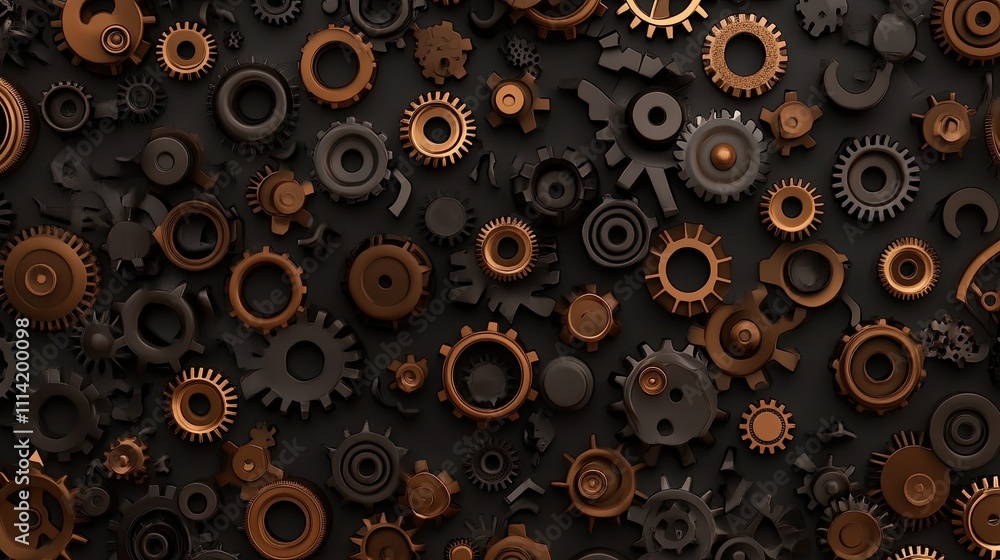 Rusty gears and cogs fill the background, providing an abstract steampunk texture suitable for various design applications Rusty gears and cogs fill the background, providing an abstract steampunk texture suitable for various design applications