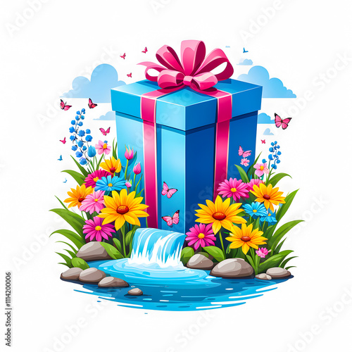 illustration of Gift Box near river surrounded by colorful flowers on white background.