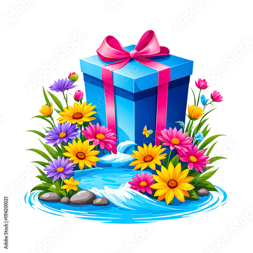 illustration of Gift Box near river surrounded by colorful flowers on white background.