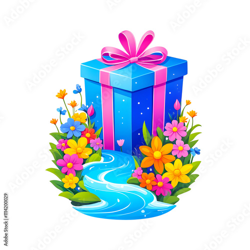 illustration of Gift Box near river surrounded by colorful flowers on white background.