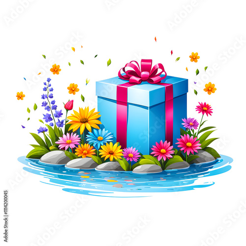 illustration of Gift Box near river surrounded by colorful flowers on white background.