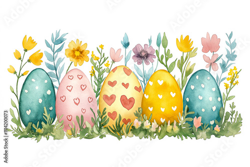 Watercolor painting of cute Easter eggs surrounded by flowers on a white background. for the background. for banners. Easter.