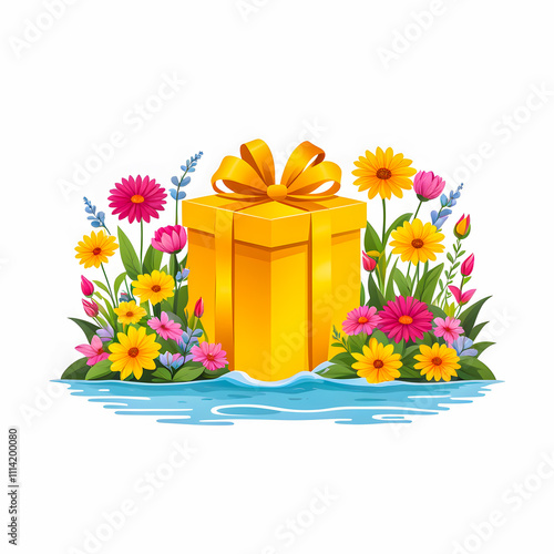 illustration of Gift Box near river surrounded by colorful flowers on white background.