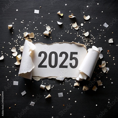 2025 text on rectangle white ripped paper with conffety on black background for your event or design photo