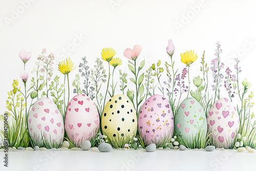 Watercolor painting of cute Easter eggs surrounded by flowers on a white background. for the background. for banners. Easter.