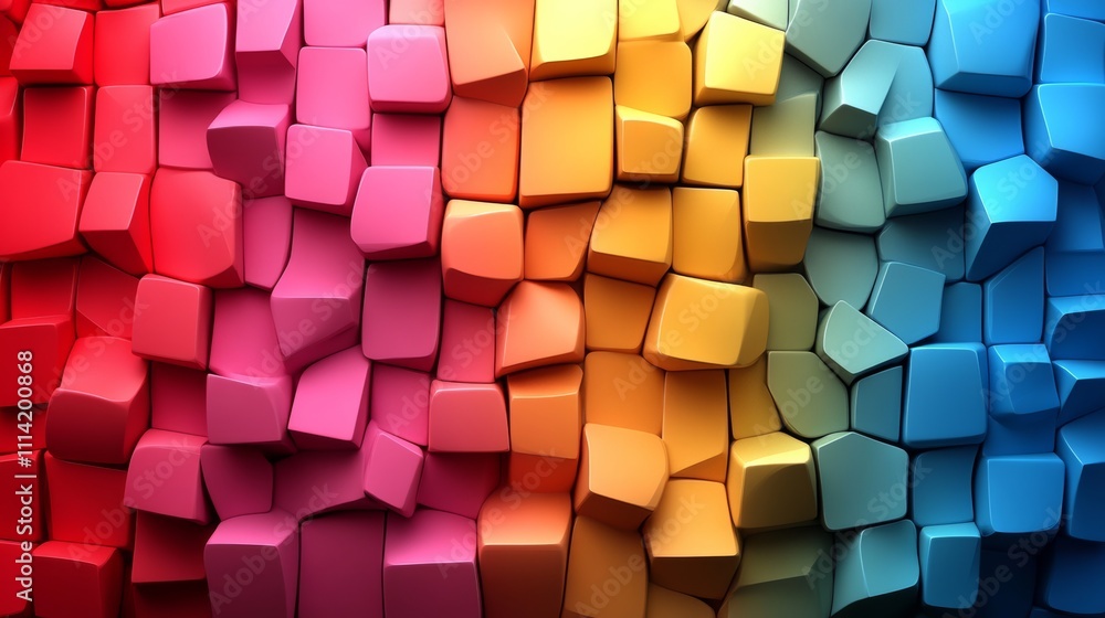 Colorful wall made of blocks in various colors. The blocks are arranged in a way that creates a rainbow effect. Concept of creativity and playfulness, as well as a vibrant and lively atmosphere Colorful wall made of blocks in various colors. The blocks are arranged in a way that creates a rainbow effect. Concept of creativity and playfulness, as well as a vibrant and lively atmosphere