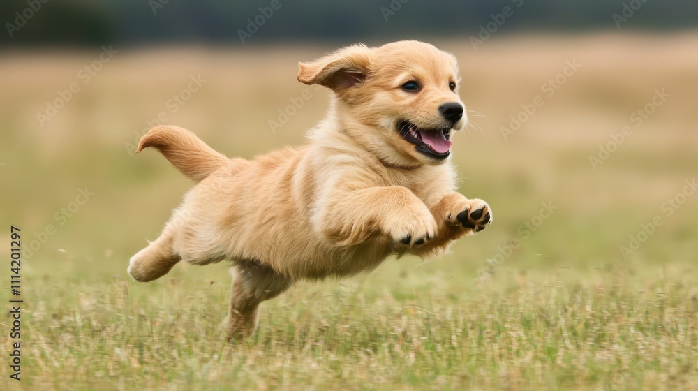 A puppy joyfully running through a field. A puppy joyfully running through a field.