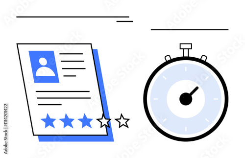 Resume with photo, star rating for performance, adjacent to stopwatch indicating time efficiency. Ideal for performance evaluation, time management, productivity, job reviews, efficiency, HR metrics