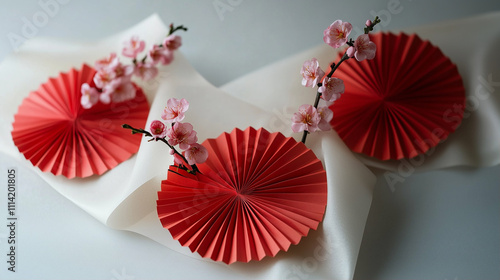 Paper fan decorative piece with blossoms on fabric backdrop showcasing elegance and craftsmanship photo